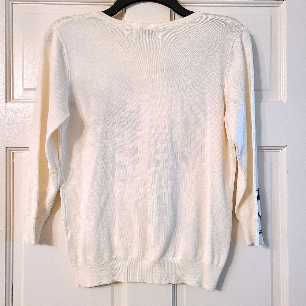 Joseph A. Creamy White Button-Up Sweater w/ Black Floral & Gold Beaded Design - Picture 2 of 7